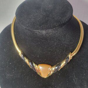 Napier Vintage Mobwife Gold Tone Black Enamel Faux Pearl Accents Choker Necklace